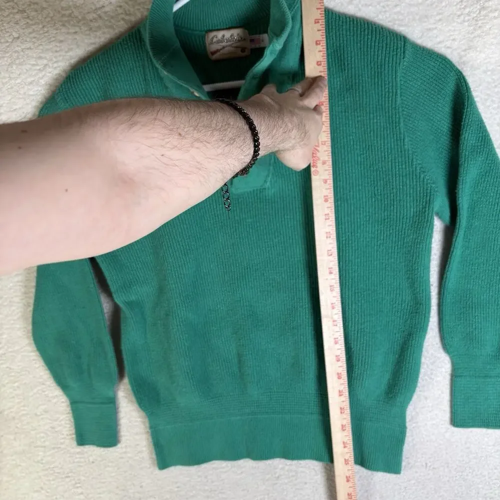 Vintage Cabelas SweaterMens Medium Green USA Made Ribbed Knit 1/4 Button READ